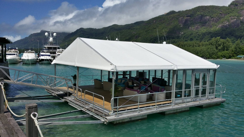 Floating lounge area at The Boardwalk Seychelles